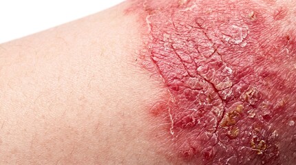 Fototapeta premium Macro close up of severe scaly plaque and cracked red skin from chronic eczema