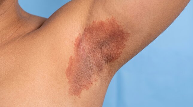 Large well defined brownish erythematous plaque of erythrasma in a male axilla underarm