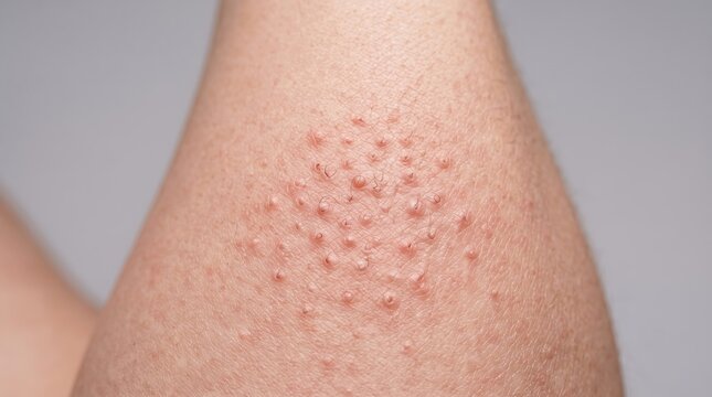 Close up of skin affected by keratosis pilaris with numerous tiny bumpy flesh colored papules