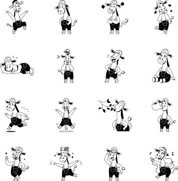 Collection of playful giraffe emotions, actions, daily activities, learning moments, and expressive poses in a cute, cartoon glyph-style vector icon. 
