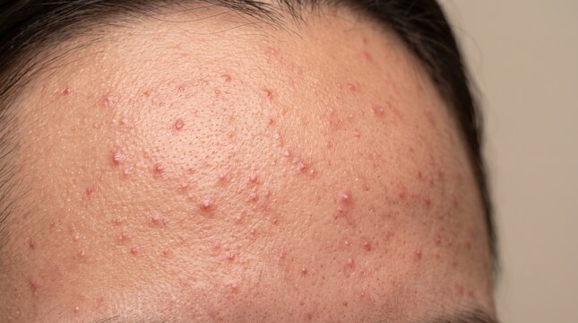 Close up of female forehead with numerous small closed comedones and acne bumps
