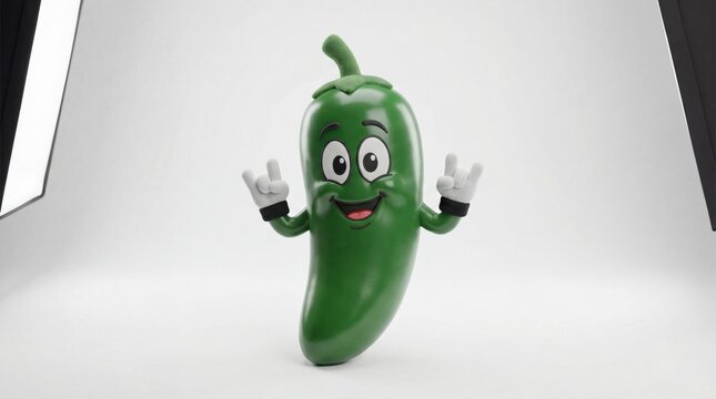 A cheerful 3D rendered cartoon jalape&ntilde;o pepper character with a smiling face and hands making a rock-on gesture in a studio setting.