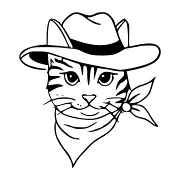 wild west aesthetic concept outline drawing of a cowboy kitten face for pet shop logo