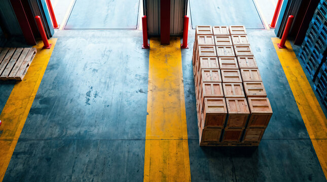 Warehouse operations with wooden crates stacked on pallet, industrial loading dock floor with yellow safety lines, logistics and supply chain operations