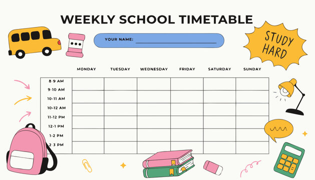 Cute weekly school timetable planner with colorful school-themed decorations, editable vector template for students.