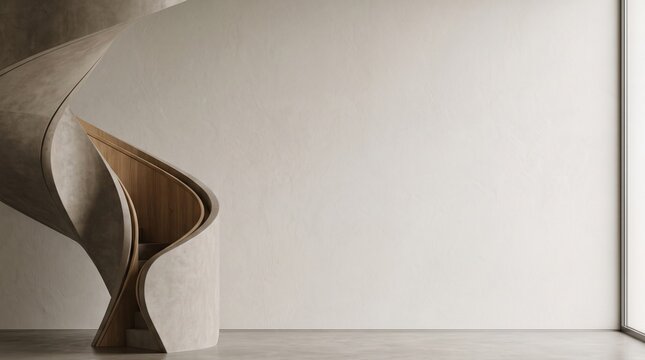 Modern curved concrete and wood spiral staircase against a blank textured wall