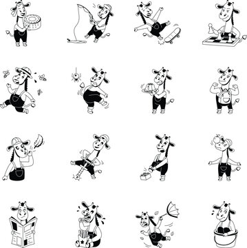 Giraffe lifestyle icons covering food, sports, hygiene, celebrations, weather, hobbies, and daily routines in cartoon glyph vector style. 
