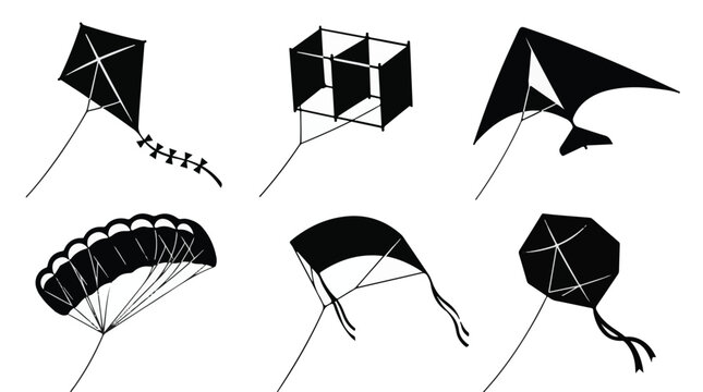 Six kites flying high. Various kite designs and shapes. Kite silhouettes collection