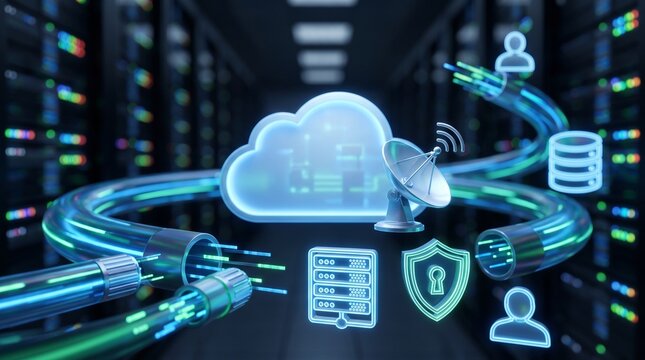 Cloud computing and data security concept inside futuristic server room