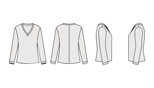 White Long Sleeve V Neck Shirt Garment CAD Template
