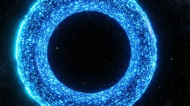 Glowing blue digital circuitry portal ring rotating in deep space abstract background, technology circle