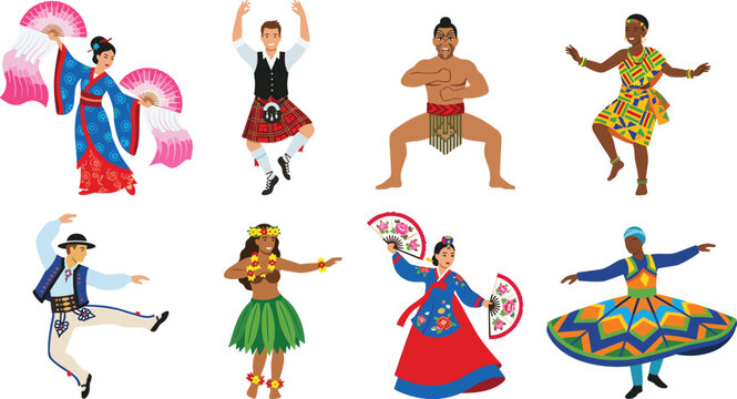 Multicultural Traditional Folk Dancer Character Set Featuring Performers in Cultural Costumes Including Japanese Fan Dance, Scottish Kilt, Hawaiian Hula, and Egyptian Tanoura Vector Design
