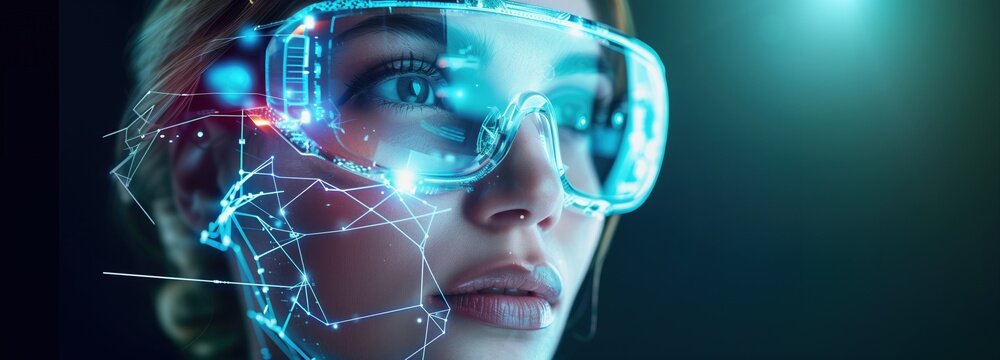  close-up of a young woman's face wearing futuristic augmented reality glasses, with a glowing digital interface overlaid on her eyes and skin.