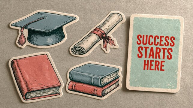 Illustration of education-themed items and a motivational card reading "Success Starts Here.