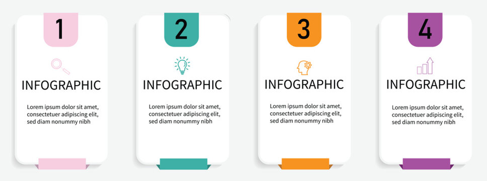 Timeline infographic with infochart. Modern presentation template with 4 spets for business process. Website template on white background for concept modern design. Horizontal layout.