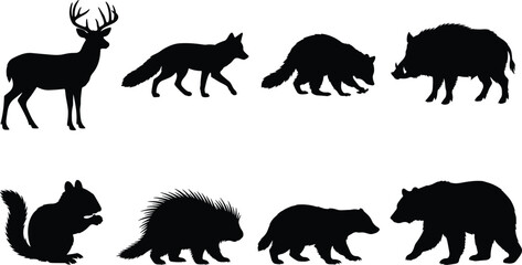 Obraz premium Collection of woodland animal silhouettes including deer, fox, raccoon, boar, squirrel, porcupine, badger, and bear