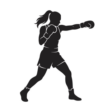 Dynamic silhouette of female boxer in action throwing a powerful punch with gloves and athletic gear, black and white vector illustration