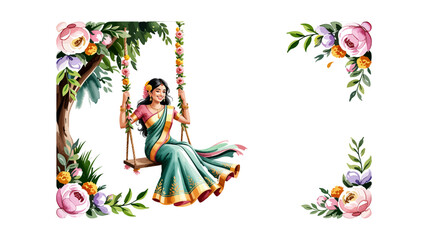 Fototapeta premium Happy Hariyali Teej Festival Illustration of Woman Sitting on Floral Swing with Decorative Flower Garland Isolated on White Background