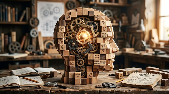 Wooden cubes forming head silhouette with gears and clockwork mechanism inside