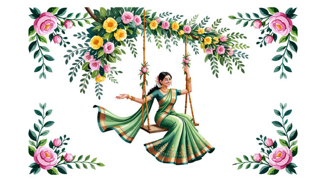 Happy Hariyali Teej Festival Illustration of Woman Sitting on Floral Swing with Decorative Flower Garland Isolated on White Background