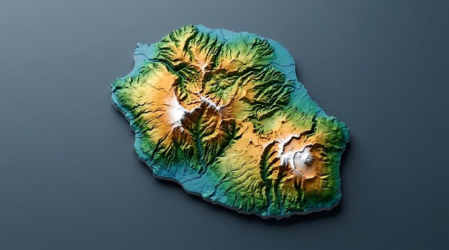 Topographic 3d relief map of reunion island