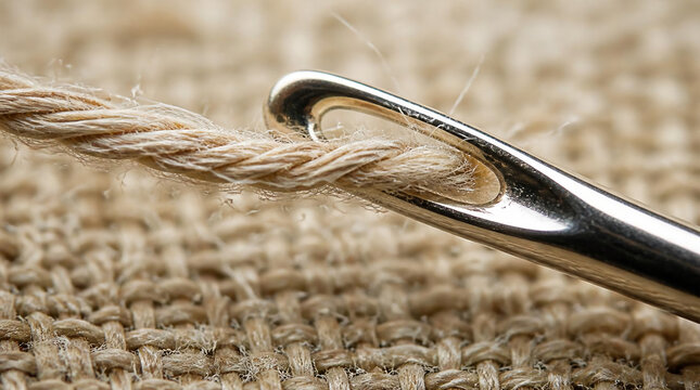 A Hyper-Detailed Macro Close-Up of a Thick Textured Organic Linen Thread Passing Through a Needle Eye