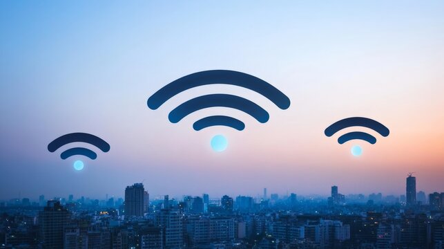 Digital Art. City Skyline. Wireless Symbols at Sunset.