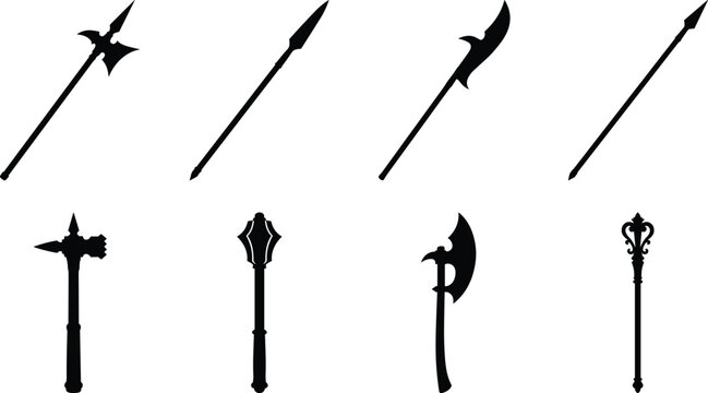 Medieval Polearm and Spear Silhouette Collection with Fantasy Weapons Vector Icon Set