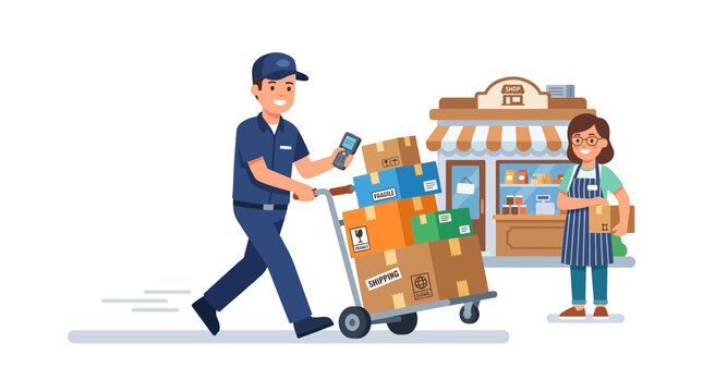 Delivery Man Carrying Cardboard Boxes to Store Front
