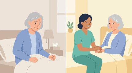 Fototapeta premium Elderly woman loneliness versus compassionate care from nurse in hospital room