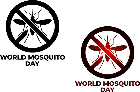 World Mosquito Day logo design bundle featuring a mosquito silhouette crossed out inside a prohibition stop sign emblem in solid black and dark red gradient variations isolated on a white background.