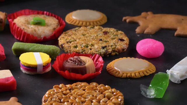 Close-up of various gourmet regional desserts and sweet snacks top view. Traditional Mexican candies