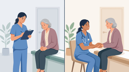 Obraz premium Nurse caring for elderly patient, medical consultation, empathy and support
