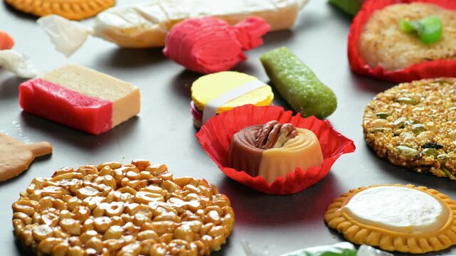 Selection of artisanal Mexican pastries with coconut, seeds and dried fruits