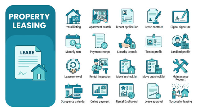 Set of Vector Icons for Residential Rental Property Management and Real Estate Leasing Procedures
