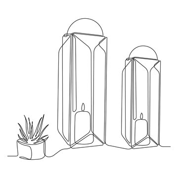 Continuous line art of modern candle lanterns and a small succulent pot.