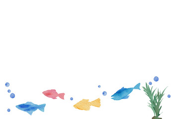 Watercolor Fish and Seaweed with Copy Space, Underwater Marine Illustration © Tsuki Usagi