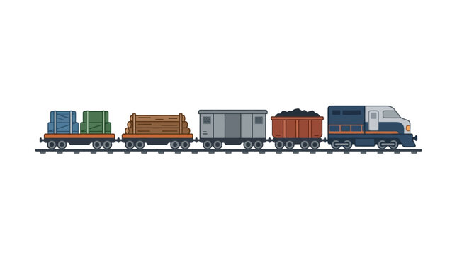 A detailed pixel art illustration of a freight train consisting of a locomotive and four cargo cars.