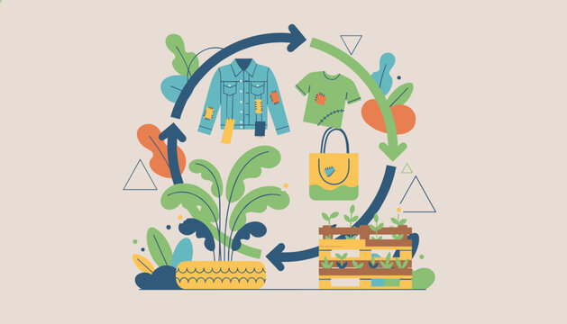 Circular economy infographic illustrating upcycling of clothing garments and eco friendly planting in wooden pallets.