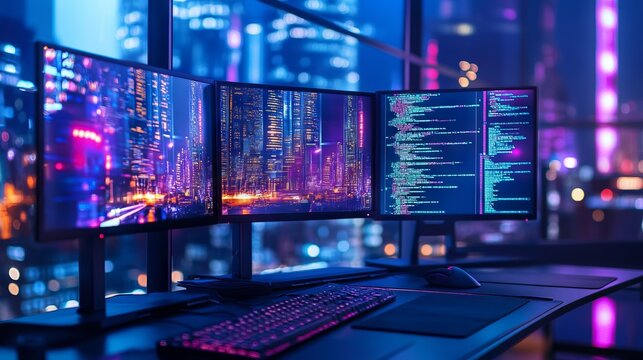Digital Art. Cityscape. Computer Screens. Technology Desk.