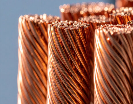Macro Close Up of Shiny Stranded Copper Electrical Wire Cables