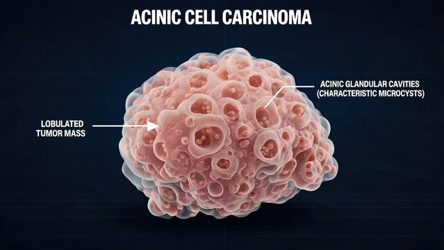 3D Labeled Medical Illustration of Acinic Cell Carcinoma Tumor, Lobulated Mass with Characteristic Acinic Glandular Microcysts, Oncology Pathology Diagram Isolated on Dark Blue Grid Background