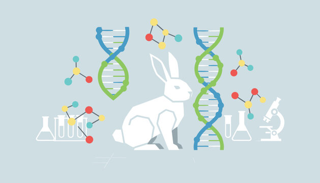 White rabbit surrounded by dna structures and laboratory test tools representing scientific genetics research.