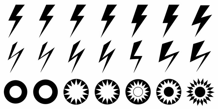 collection of vector lightning bolts and sun symbols on white background icons black electricity energy weather nature thunderstorm flash spark
