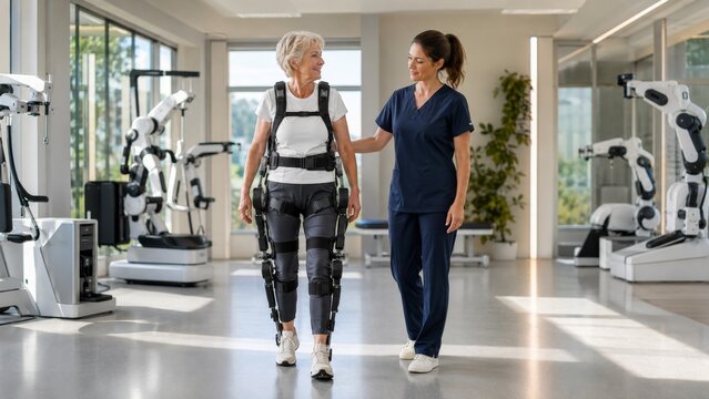 Senior Woman Using Rehabilitation Exoskeleton With Therapist in Modern Recovery Center