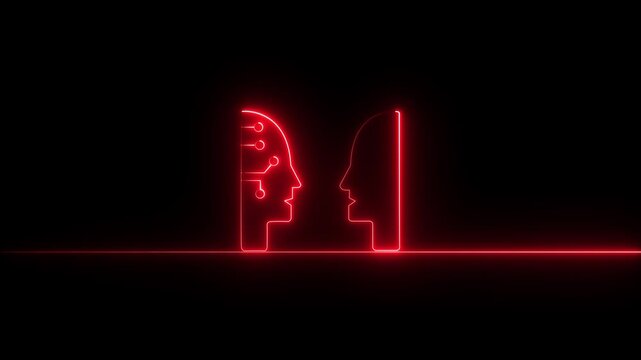 Minimal glowing neon AI communication icon animation featuring a human face with integrated circuit elements communicating with another human profile. Futuristic artificial