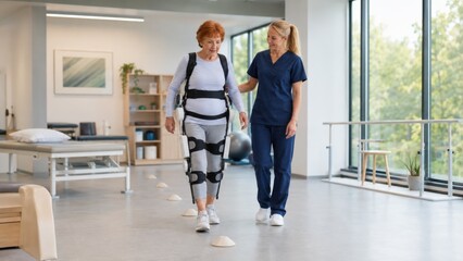 Fototapeta premium Senior Woman Using Rehabilitation Exoskeleton With Therapist in Modern Recovery Center