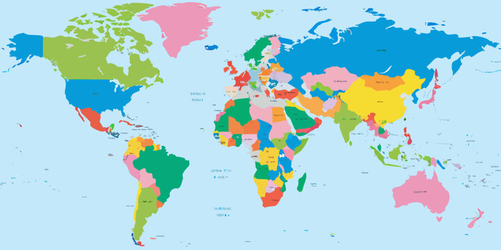 political world map colorful flat design on light blue background geography country borders global continent shapes illustration vector cartography geographic