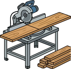 Fototapeta premium Circular saw cutting lumber on a portable miter saw stand during construction work with wood planks