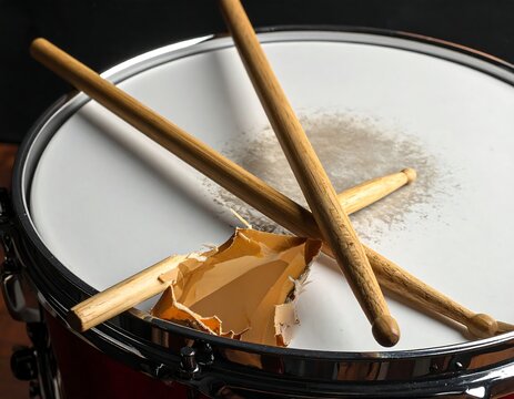 A close-up of a torn drumhead with drumsticks on a snare drum